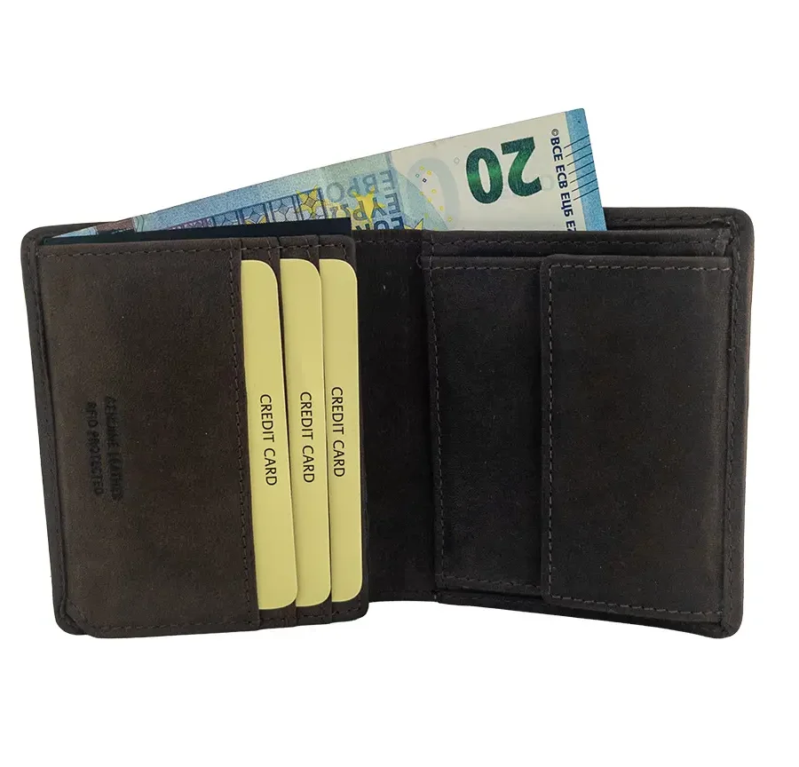 Portafoglio Uomo In Vera Pelle Marrone - Sottile Bifold Hipster Con Organizer E Porta Documenti