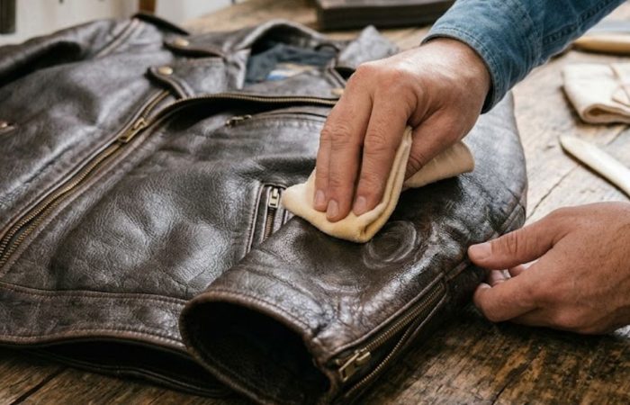 panno passato sulla manica di pelle per smacchiare la giacca